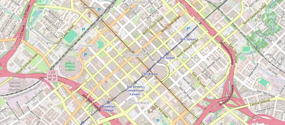 Mapa de Charlotte con los hoteles cercanos