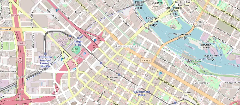 Mapa de Mineápolis con los hoteles cercanos
