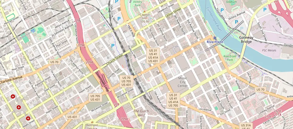 Mapa de Nashville con los hoteles cercanos