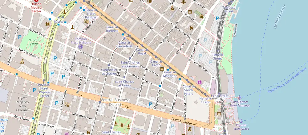 Mapa de Nueva Orleans con los hoteles cercanos
