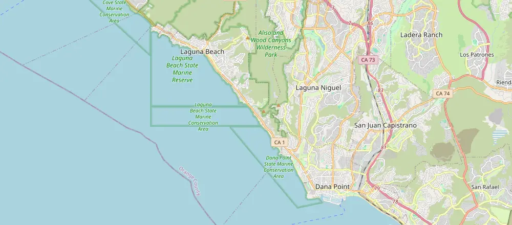 Mapa de Costa del Condado de Orange con los hoteles cercanos