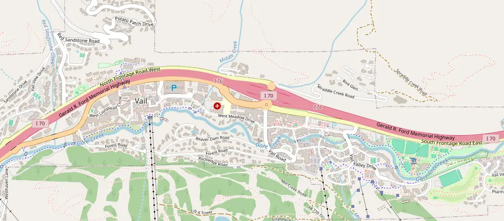 Mapa de Vail con los hoteles cercanos
