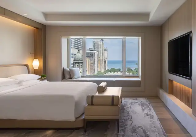 Park Hyatt Chicago en Chicago, habitación con cama grande, sector de estar y vista